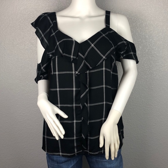 INC International Concepts Tops - INC Black & White Ruffle Off Shoulder Top Size Med